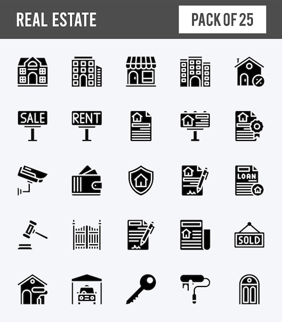 25 vastgoed Glyph iconen pack vectorillustratie