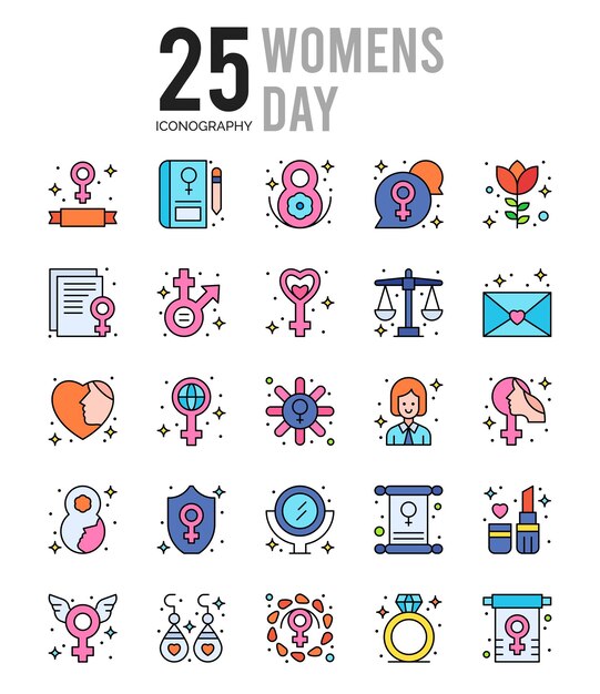 25 Women's Day Lineal Color icon pack vector illustration