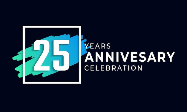 25 Year Anniversary Celebration with Blue Brush and Square Symbol Isolated on Black Background