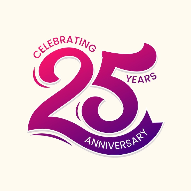 Vector 25주년 기념 카드: 리본 아이콘과 함께 손으로 그린 로고