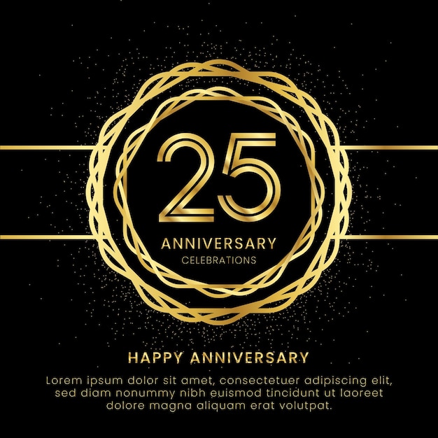 25 years anniversary with a golden number golden glitters and a golden circle rope on a black background Circle a gold hexagon with glitter