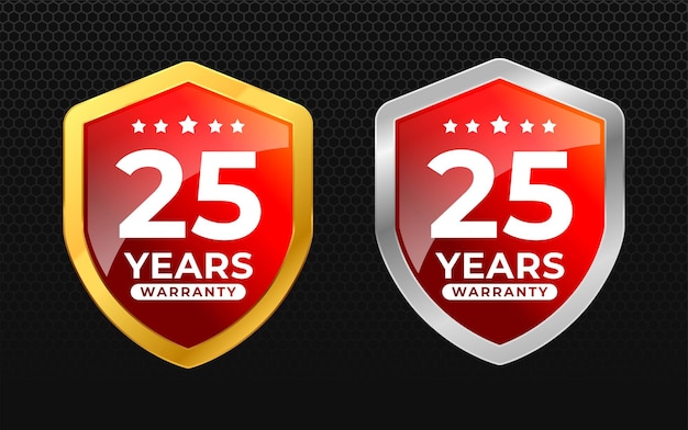 Vector 25 years warranty with glossy gold and silver vector shield shape for label seal stamp icon etc