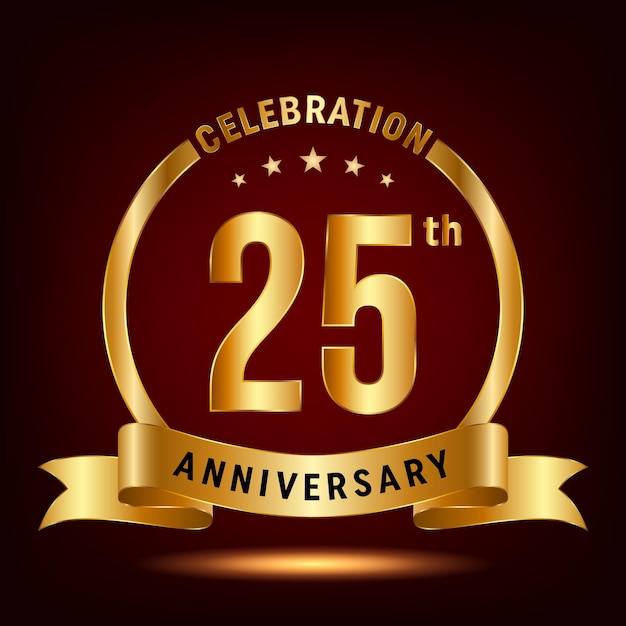 25th anniversary celebration logo design with ring and gold ribbon logo vector template