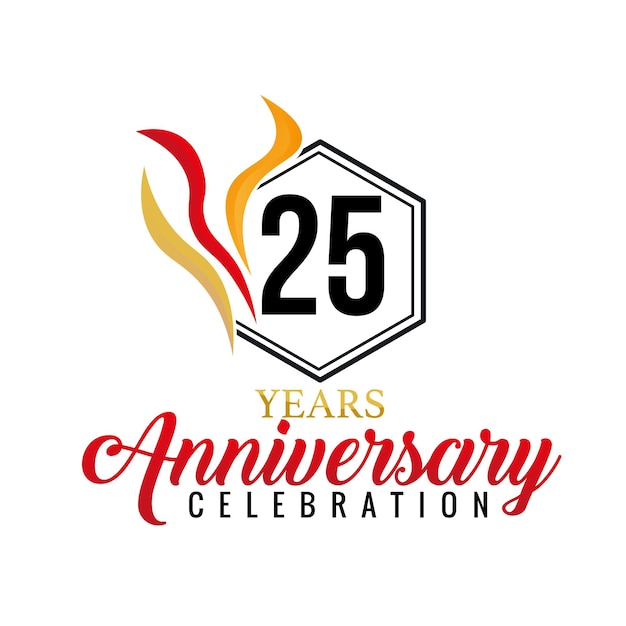 25th anniversary celebration logo vector design with colorful ribbon gold red black color later font