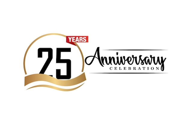 Vector 25th anniversary celebration vector design with gold black and red color on white background