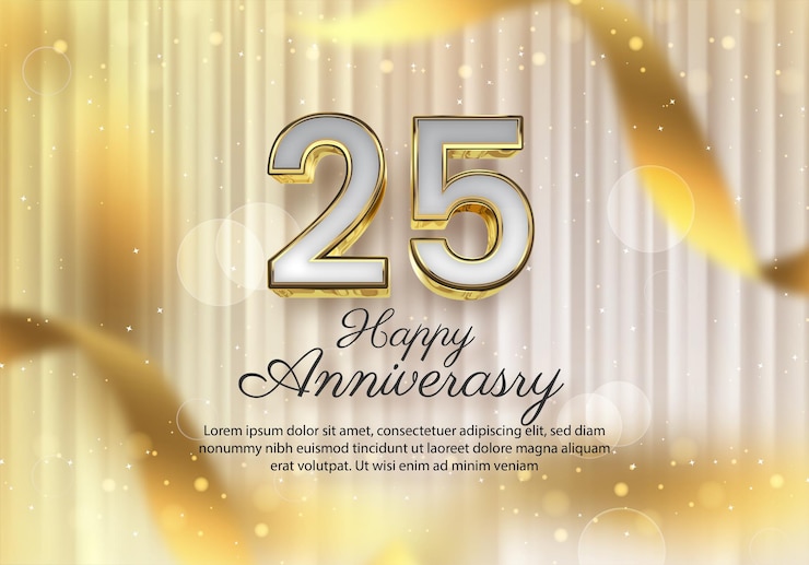 25th anniversary illustration background with balloons star particles gold ribbon