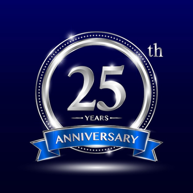 Vector 25th anniversary logo with retro style silver number and text with blue ribbon vector design