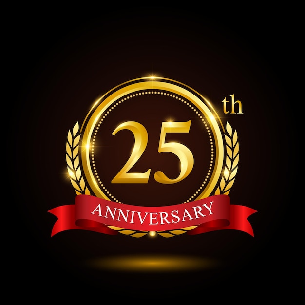 25th golden anniversary template design with shiny ring and red ribbon laurel wreath isolated on black background logo vector