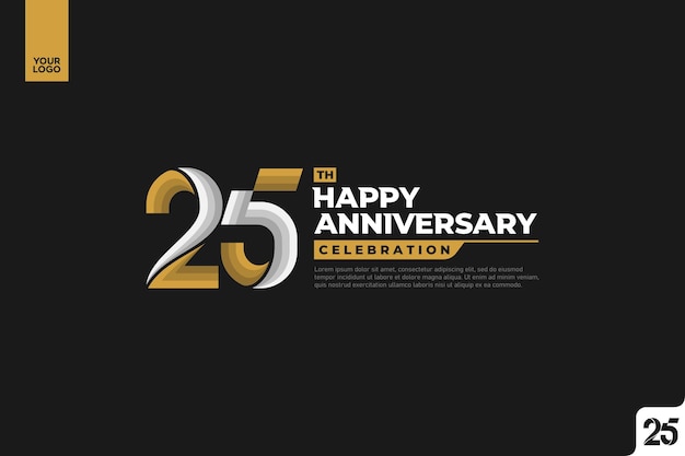 25th happy anniversary celebration with gold and silver on black background