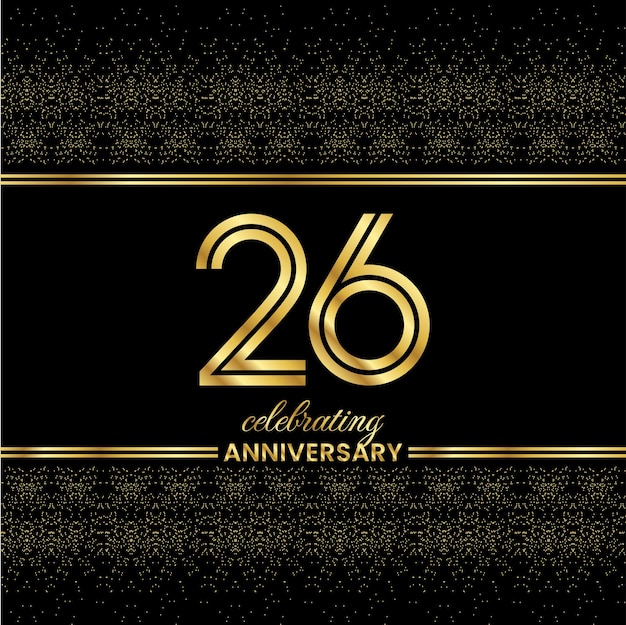 26 Golden Double Line Number Юбилейная обложка приглашения с блестками, разделенными золотыми двойными линиями на черном фоне