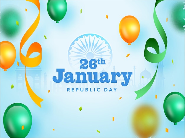 26 januari Republiek dag tekst met glanzende ballonnen en krullen lint