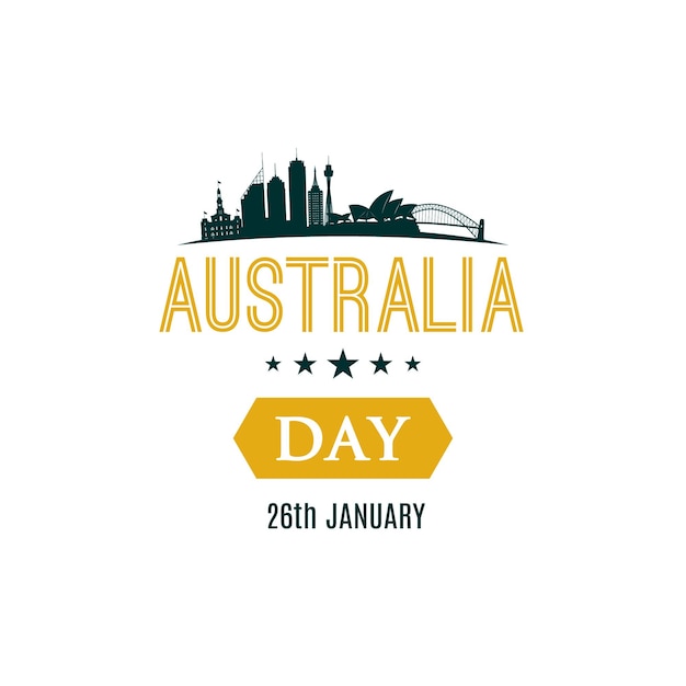 26 January Happy Australia Day banner with text and Sydney city landscape