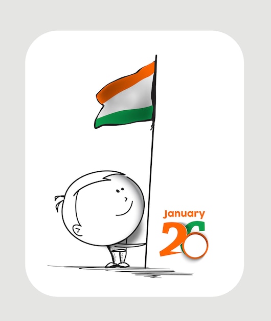 26 january republic day concept a boy with hand holding indian flag. cartoon vector background.