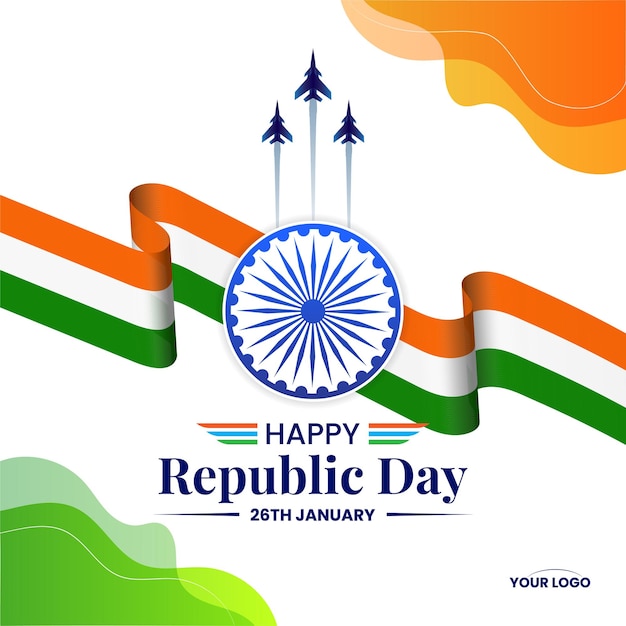 Vector 26 january republic day of india celebration with wavy indian flag and fighter jets vector