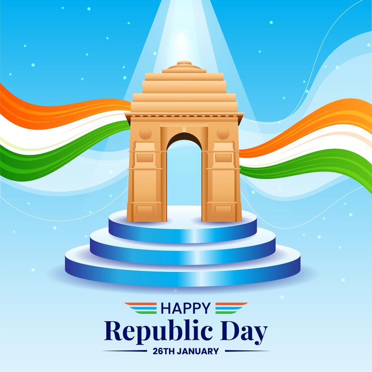 वेक्टर 26 january republic day of india celebration with wavy indian flag and india gate vector
