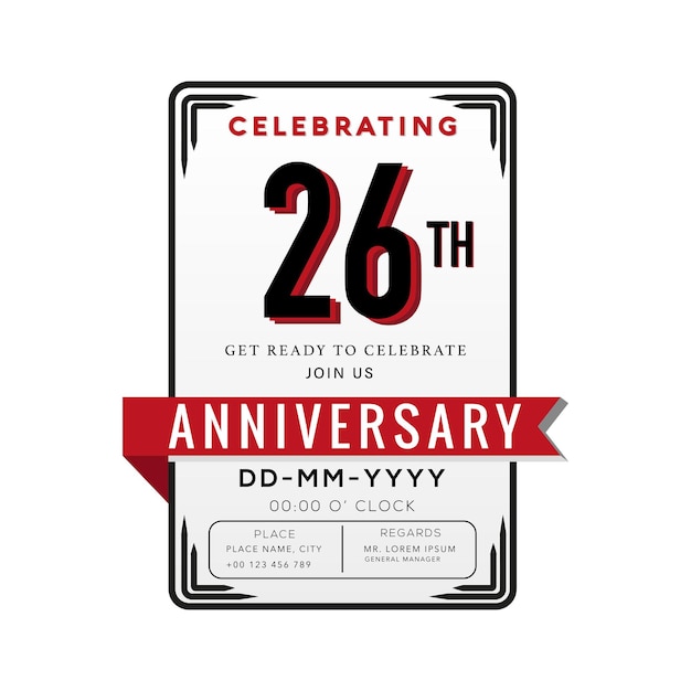 26 Years Anniversary Logo Celebration and Invitation Card with red ribbon Isolated