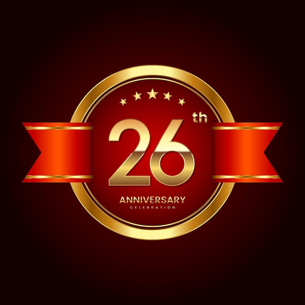 26th Anniversary logo with badge style Anniversary logo with gold color and red ribbon Logo Vector