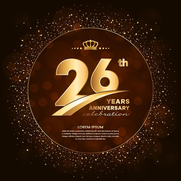 26th anniversary logo with gold numbers and glitter isolated on a gradient background