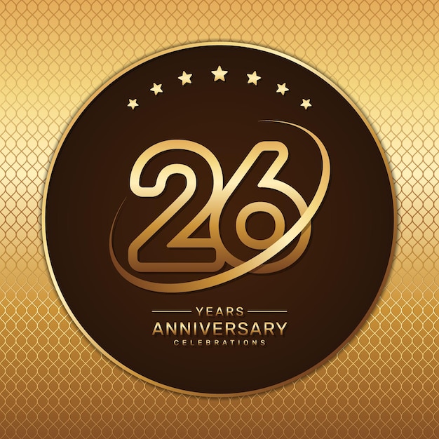 Vettore logo del 26° anniversario con un numero d'oro e un anello isolato su uno sfondo con motivo dorato