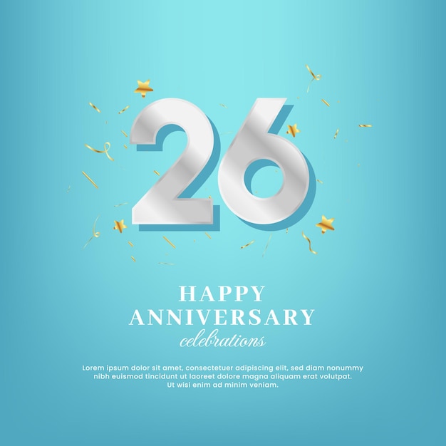 26th anniversary vector template with a white number and confetti spread on a gradient background