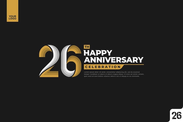 26th happy anniversary celebration with gold and silver on black background
