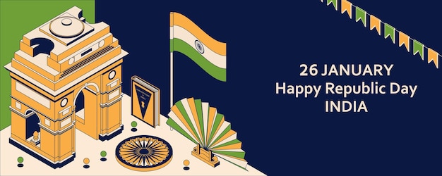 26th of January India Republic Day. Greeting card in isometric style with Indian Gates.