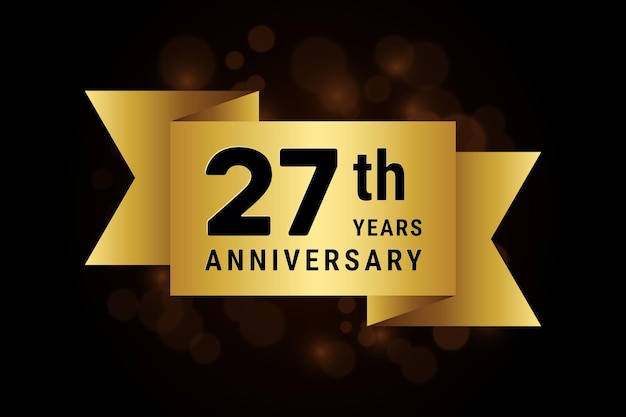 27th anniversary celebration template design with gold ribbon Logo vector illustration