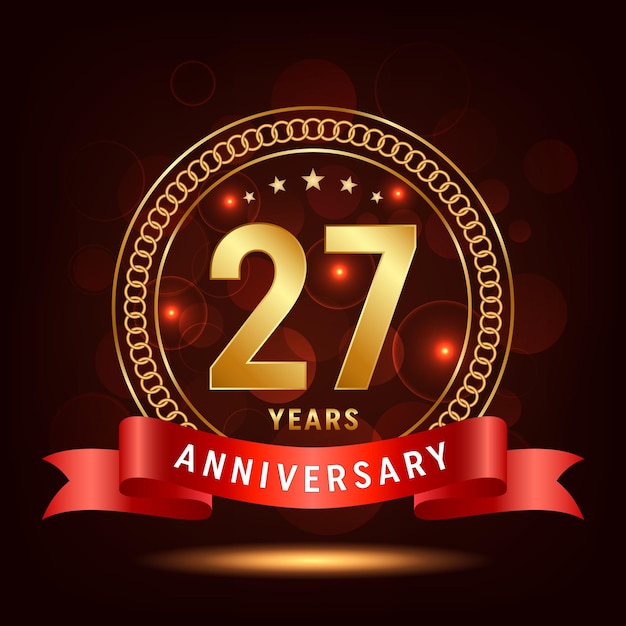 27th Anniversary Golden number with sparkling confetti and red ribbon Vector Template