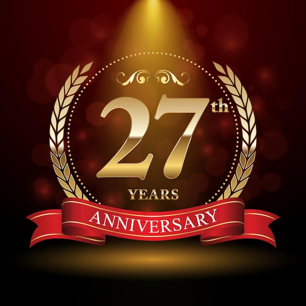 27th anniversary logo design with Laurel wreath and red ribbon Logo Vector Template