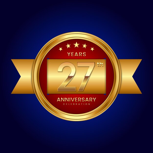 27th Anniversary logo with badge style Anniversary logo with gold color and ribbon Logo Vector