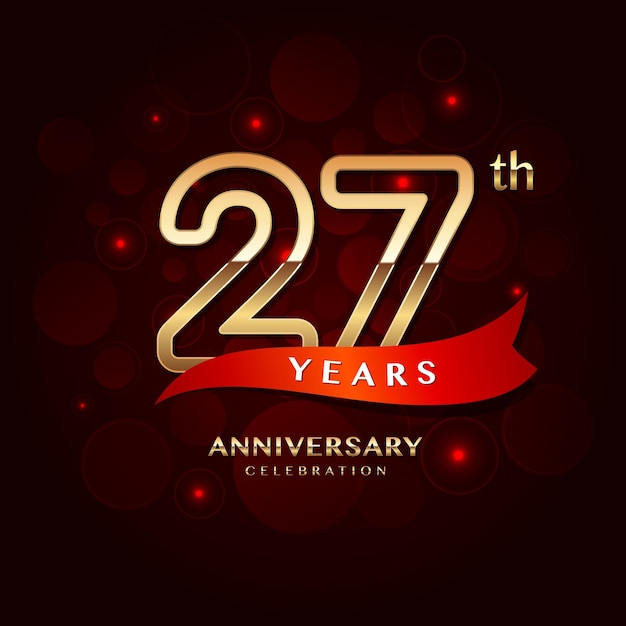 Дизайн логотипа празднования 27-летия с золотым числом и векторным шаблоном с красной лентой