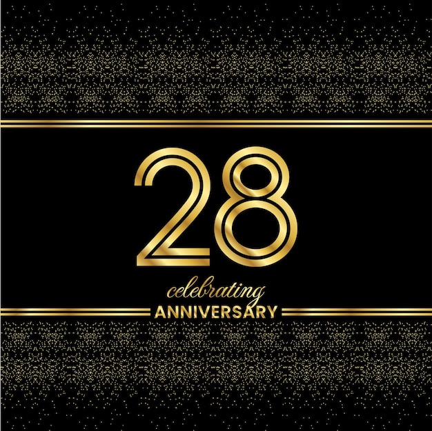 28 golden double line number copertina dell'invito dell'anniversario con glitter separati da doppie linee dorate su sfondo nero