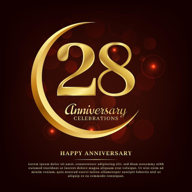 28-jarig jubileum met gouden maan en rode glanzende achtergrond toegevoegd met tekst voor felicitaties
