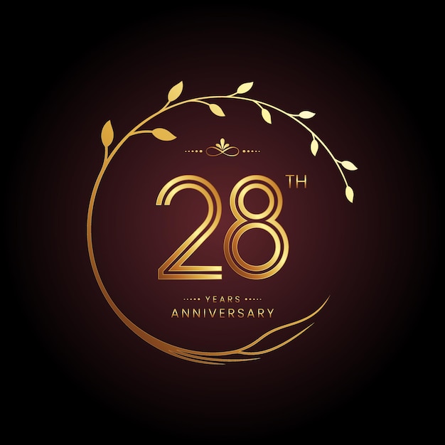 28-jarig jubileumlogo-ontwerp met een gouden getal en een cirkelvormig boomconcept