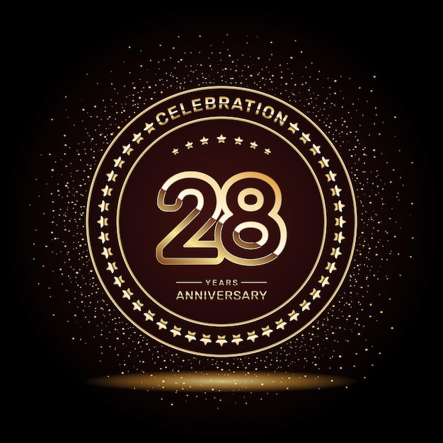 28 year anniversary logo design with double line numbers in gold color vector template