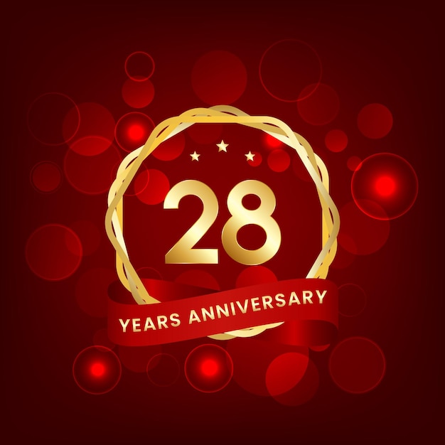 28 anni anniversario anniversario modello design con numero d'oro e nastro rosso design per biglietto d'invito evento biglietto d'auguri banner poster volantino copertina libro e stampa vector eps10