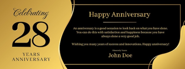 Vector 28 years anniversary a banner speech anniversary template with a gold background combination of black and text that can be replaced