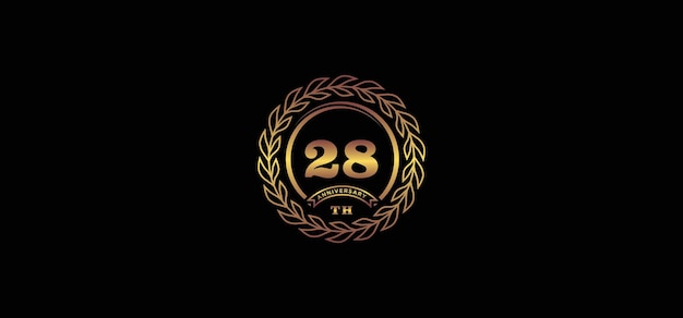 28e verjaardagslogo met ring en frame gouden kleur en zwarte achtergrond