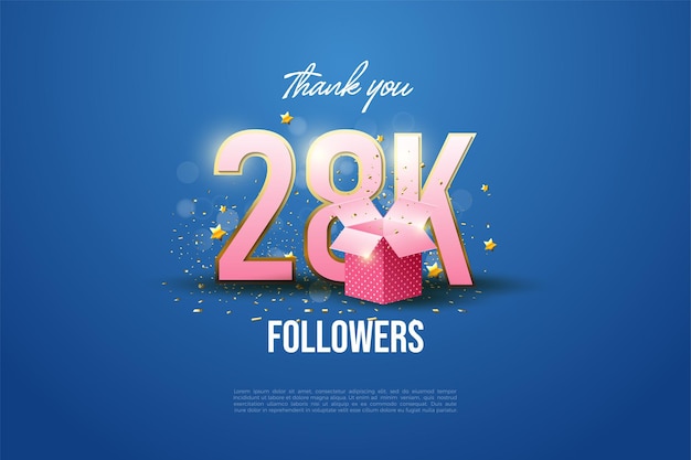 28k followers with 3d gift box decoration in front of numbers.