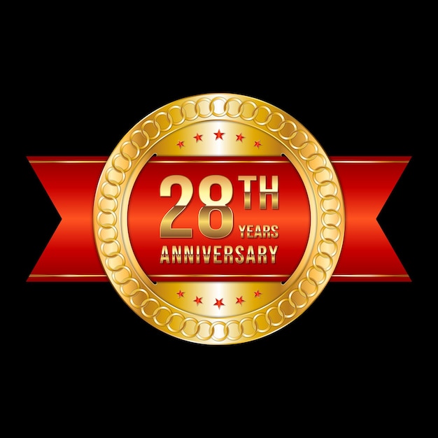 28th anniversary emblem design with gold color and red ribbon Logo Vector Template Illustration