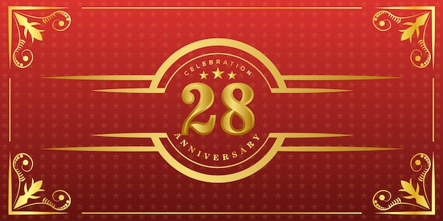 28th anniversary logo with golden ring, confetti and gold border isolated on elegant red background