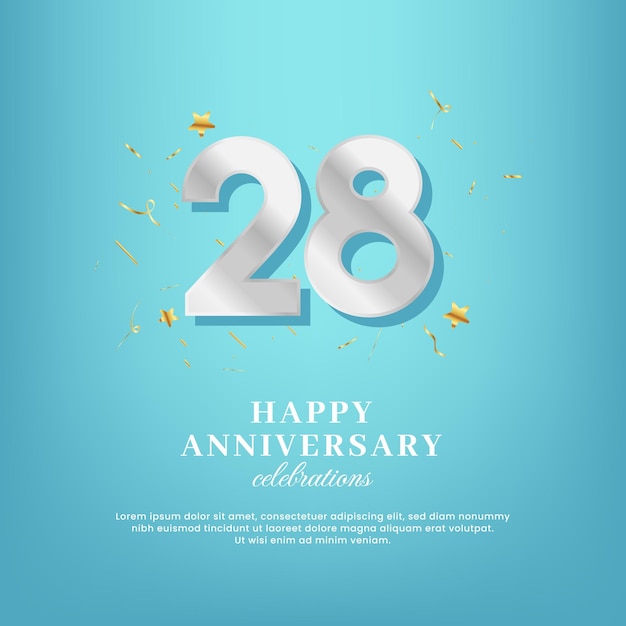 28th anniversary vector template with a white number and confetti spread on a gradient background