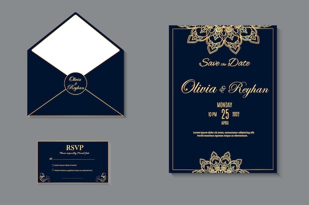 29 Blue and Golden Mandala Wedding Invitation Template Design