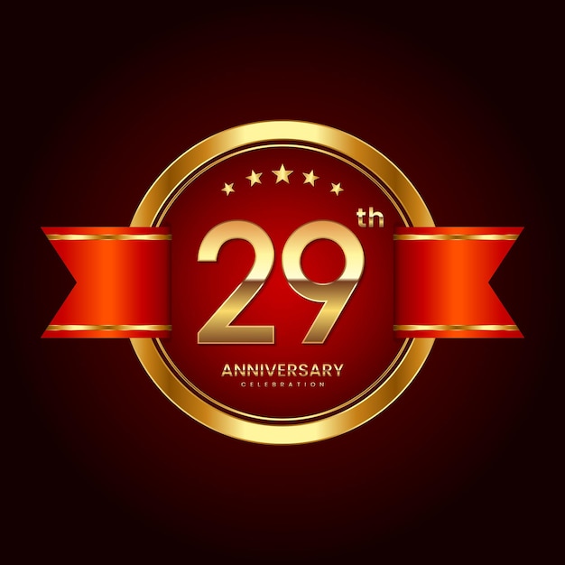 29th Anniversary logo with badge style Anniversary logo with gold color and red ribbon Logo Vector