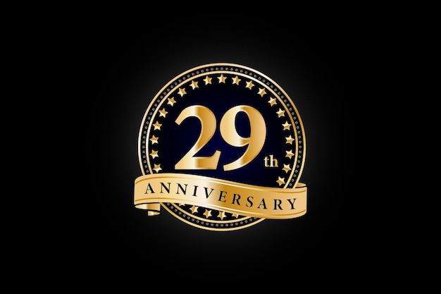 Vector 29th golden anniversary logo with gold ring and ribbon isolated on black background