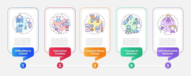 2D behavioral therapy vector infographics template with multicolor linear icons concept data visualization with 5 steps process timeline chart