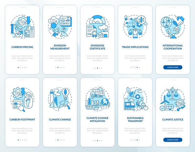 2D blauwe pictogrammen die koolstofrandaanpassing mobiele app-schermset vertegenwoordigen Walkthrough 5 stappen grafische instructies met lineaire concepten UI UX GUI-sjabloon