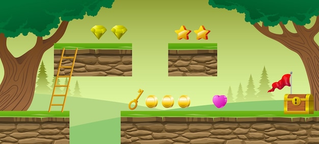Вектор 2d мультяшная лесная сцена для игрового фона с уровнями и предметами