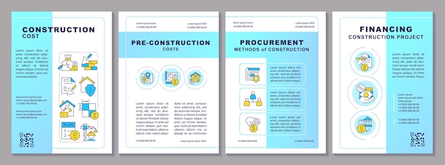 2D construction cost blue brochure template leaflet design with thin line icons 4 vector layouts