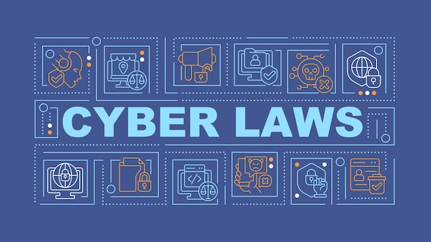 2d cyber laws text with various thin line icons concept on dark blue monochromatic background editable 2d vector illustration